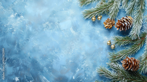 Blue background ice with pine trees and snow. The pine trees have gold bells on them