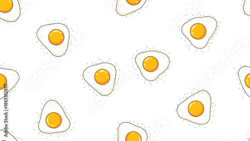 Fun seamless pattern of several delicious fried eggs sunny side up with bright yellow yolks scattered across a plain white background.