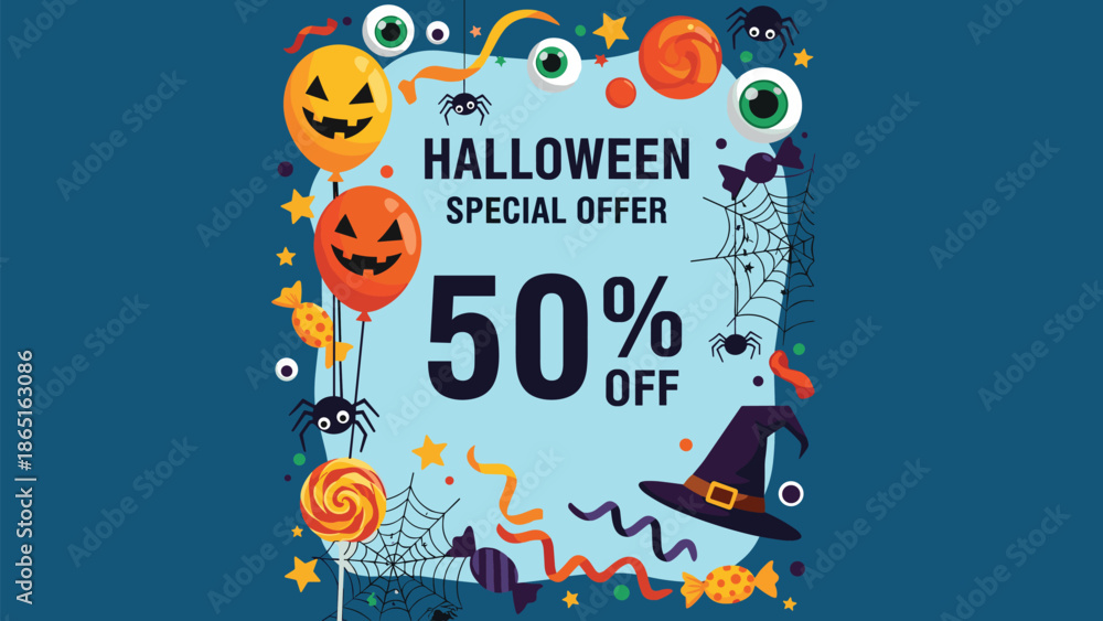 Fototapeta premium Vibrant Halloween special offer banner featuring spooky balloons, pumpkin lanterns, candy, and a witch hat on a dark blue background.
