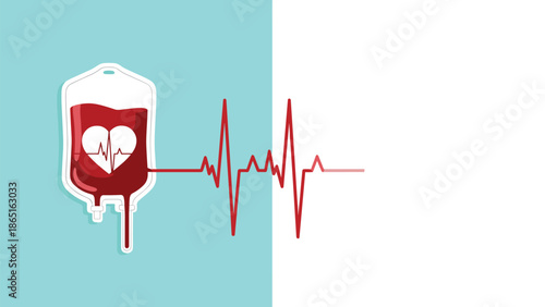 Medical illustration of a plastic blood bag for donation featuring a heart symbol and an active electrocardiogram heart rate line across.