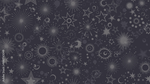 Sophisticated dark background pattern filled with an array of grey celestial bodies including various stars, moons, and solar symbols.