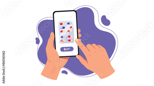 Close-up of a person using a smartphone to purchase blister packs of medicine online through a mobile pharmacy application interface.