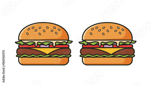 Two identical delicious cartoon cheeseburgers featuring layered ingredients like lettuce, tomato, melted cheese, and a beef patty bun.