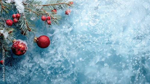 Beautiful blue ice background with a Christmas tree in the center. The tree is adorned with red and white ornaments, including a red and white ball. The scene is set against a backdrop of snow