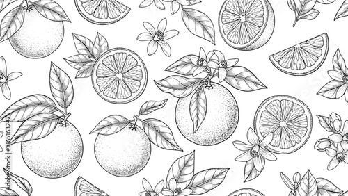 Intricate hand-drawn seamless pattern of oranges including whole fruits, slices, blossoms, and leaves in a detailed engraving style.