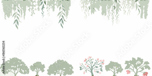 Elegant botanical illustration featuring weeping willows and delicate flowering trees