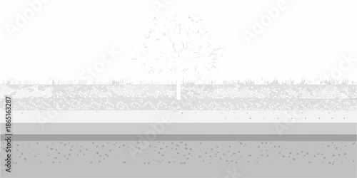A minimalist grayscale landscape with a lone tree and a road