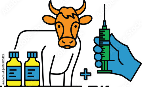 A High-Contrast Professional Vector Illustration Featuring a Cow with Medical Vials and a Gloved Hand Holding a Syringe for Livestock Vaccination.