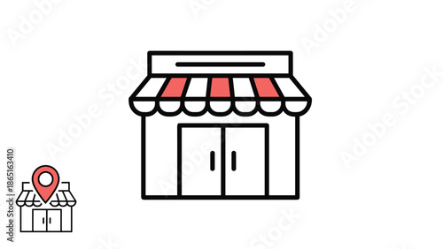 Minimalist line drawing of a small shop or store building with a classic red and white striped awning and a small location icon.