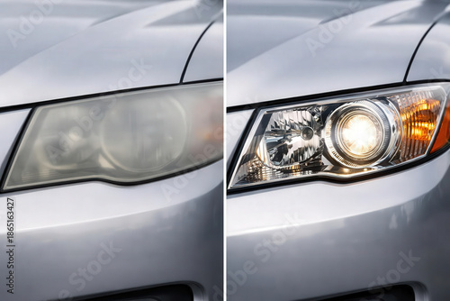 Before and after shot of a car headlight restoration, showing improved clarity and function.