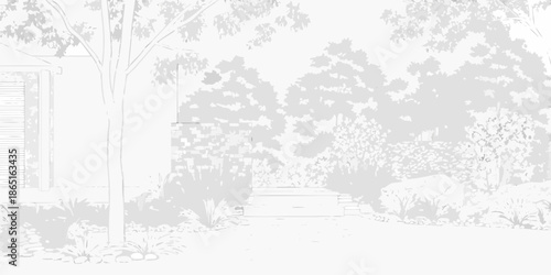 A grayscale view of a house exterior with surrounding trees and landscaping