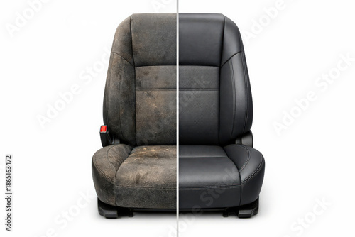 Comparison showcasing a car seat before and after a meticulous detailing and cleaning process.
