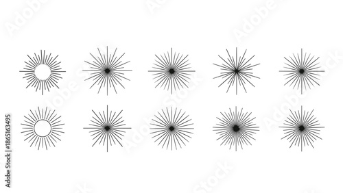Collection of ten various simple starburst or sunburst icons in black line art, suitable for vintage labels or decorative designs.