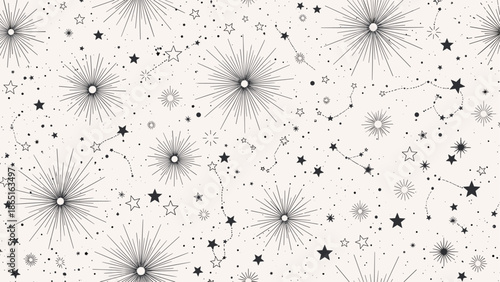 Stunning seamless pattern of intricate stars, celestial bursts, and constellations in black ink on a soft off-white background.