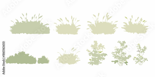 Assorted green plant silhouettes and foliage illustrations against a white background