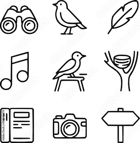 Birdwatching in Nature Parks Outline Vector Icon Set for Outdoor Observation and Wildlife Watching