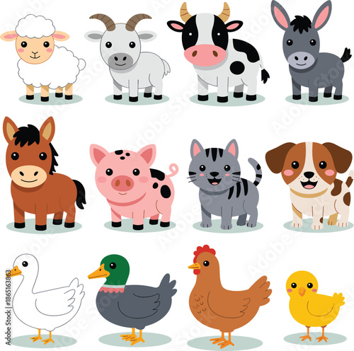 A Large Collection of 12 Adorable Stylized Professional Vector Animals Including Domestic Pets and Farm Livestock in a Friendly Kawaii Art Style.