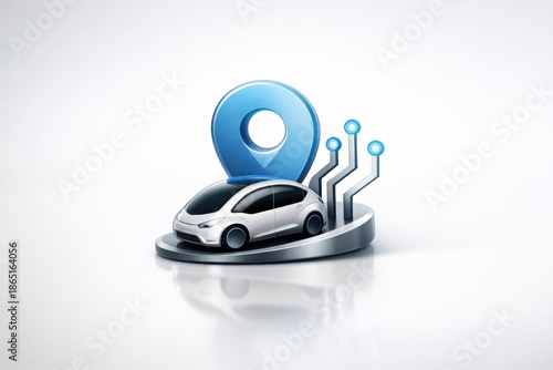 Illustration of modern vehicle with GPS pin over, technological connection symbolized above.
