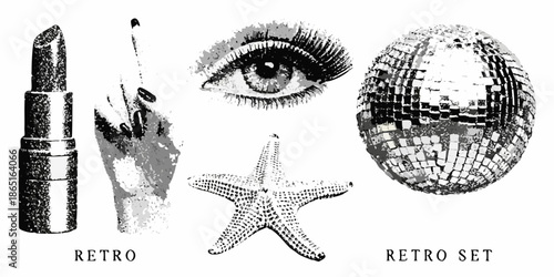 A retro style collage featuring cosmetics an eye starfish and disco ball