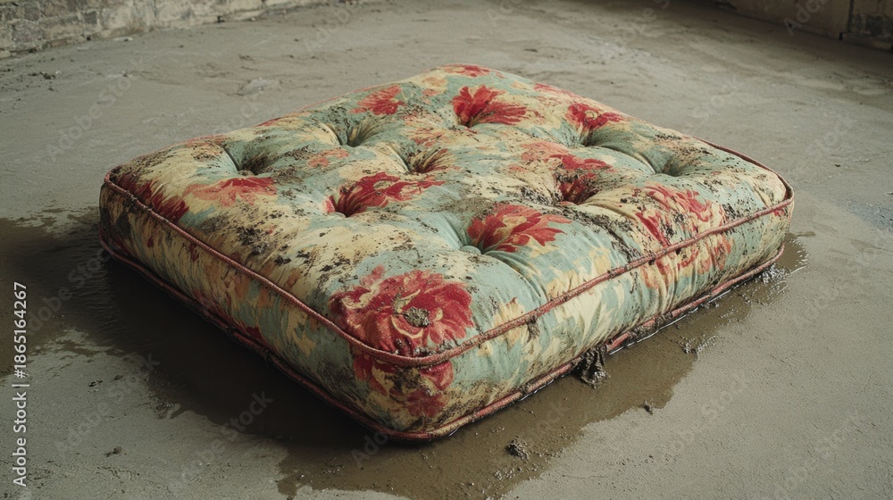 Fototapeta premium A waterlogged upholstered cushion with a faded floral pattern rests on a wet concrete floor
