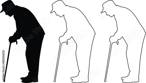 Vector silhouette and outline illustration of an elderly man with a walking cane, depicted in a stooped posture, isolated on a transparent background.