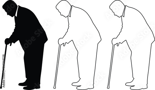 Vector silhouette and outline illustrations of an elderly man with a walking cane, depicted with a stooped posture, isolated on a transparent background.