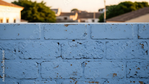 Blue painted brick wall with blurred background of houses and trees