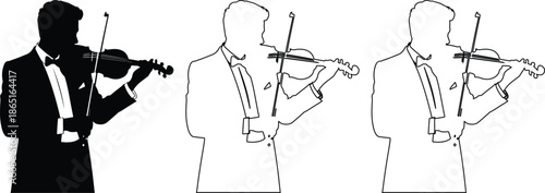 Violinist in formal attire playing violin in silhouette outline with black and white minimalist style for music event