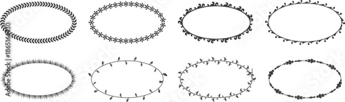 Circular chain and rope frame set isolated on white background. Decorative round borders made of metal links, beads, and barbed wire styles. Perfect for design elements, labels, logos, and vintage gra