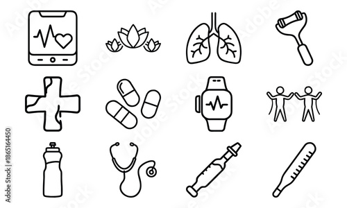 Versatile Lifestyle Icon Set Featuring Fitness Dumbbells, Blood Pressure Monitor, Calendar, Kitchen Utensils, Electric Kettle, First Aid Kit, and Decorative Tableware Collage