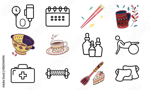 Versatile Lifestyle Icon Set Featuring Fitness Dumbbells, Blood Pressure Monitor, Calendar, Kitchen Utensils, Electric Kettle, First Aid Kit, and Decorative Tableware Collage