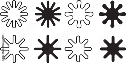 set of eight unique black and white splatter shapes for graphic design