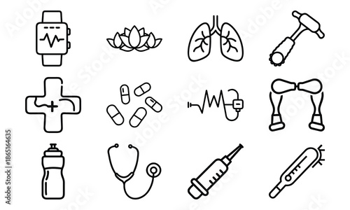 Versatile Lifestyle Icon Set Featuring Fitness Dumbbells, Blood Pressure Monitor, Calendar, Kitchen Utensils, Electric Kettle, First Aid Kit, and Decorative Tableware Collage