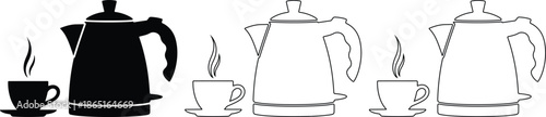 Teapot and cup silhouette and outline icons set for hot drink tea concept