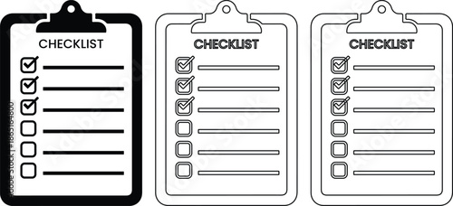 Checklist clipboard icons set with task list and check marks in black and outline style