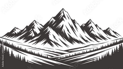 Majestic mountain range vector illustration with a dense forest foreground