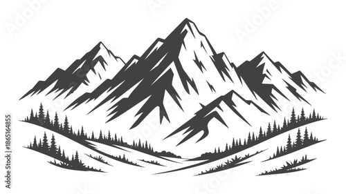 A rugged and majestic mountain range with a dense pine forest at its base, in a striking black and white vector art style