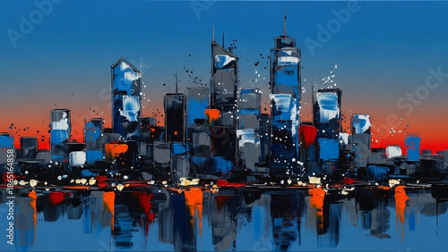 Vibrant city skyline at sunset with colorful reflections on water