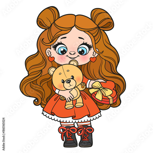 Cute cartoon girl with a soft plush bear and heart box of candies gifts on Valentines Day color variation on white background