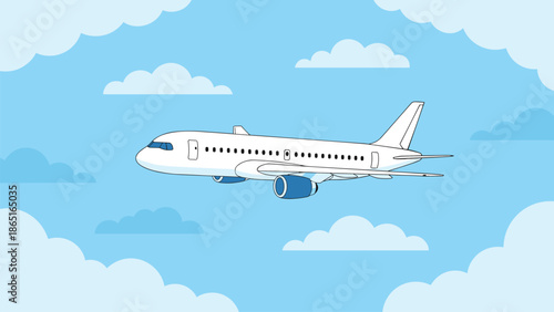 Commercial airplane flying through sky, aviation travel concept, passenger jet in clouds, blue background, aircraft illustration, air transport design