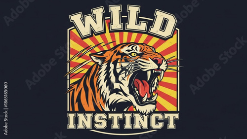 Vibrant illustration of a roaring tigers head with wild instinct text on a colorful sunburst background design