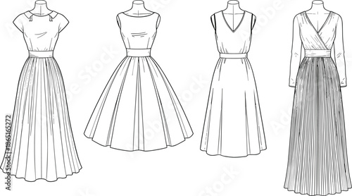 Fashion illustration, dress design, technical sketch, garment construction, pleated skirt, V-neck dress, scoop neckline, long sleeve, silhouette, mannequin torso, sewing pattern