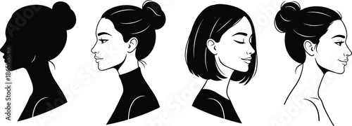 Female profile illustration, artistic woman portrait, side view drawing, hairstyle variations, elegant feminine design, black silhouette, line art style