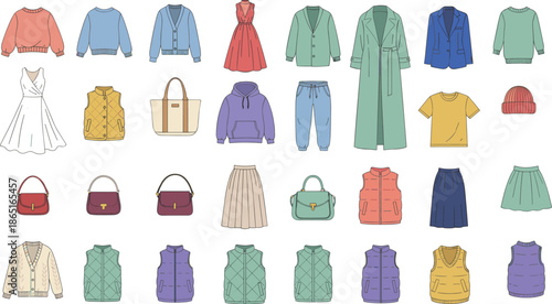 Flat vector fashion clothing icons set, jackets dresses sweaters bags skirts coats hoodies accessories illustration collection modern colorful outline style