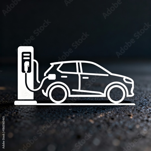Illustrated electric vehicle plugged into a charging station, promoting sustainable transportation.