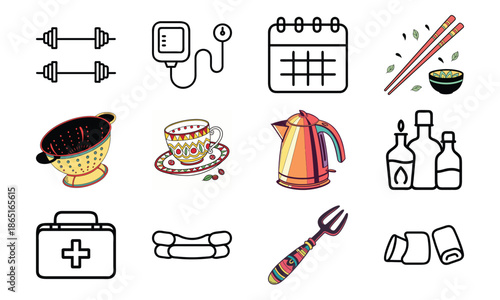 Versatile Lifestyle Icon Set Featuring Fitness Dumbbells, Blood Pressure Monitor, Calendar, Kitchen Utensils, Electric Kettle, First Aid Kit, and Decorative Tableware Collage
