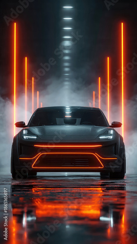 Futuristic Electric Car with Neon Lights in a Foggy Tunnel Showcasing Innovation and Technology