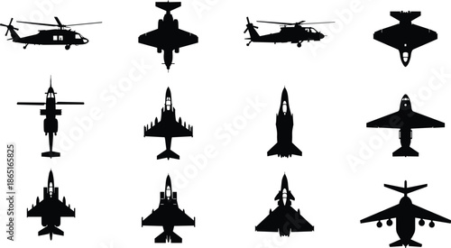 Military aircraft silhouettes, fighter jets, helicopters, top view, side profile, aviation design, defense technology, war machines, black shapes, tactical aircraft
