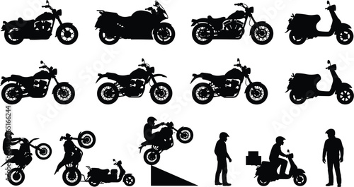 Motorcycle silhouettes, scooter icons, biker figures, delivery scooter, wheelie stunt, ramp jump, motorbike collection, transportation, urban mobility, vector set