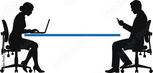 Businessman and businesswoman silhouettes working separately at desk, laptop and smartphone usage, modern office communication concept illustration isolated